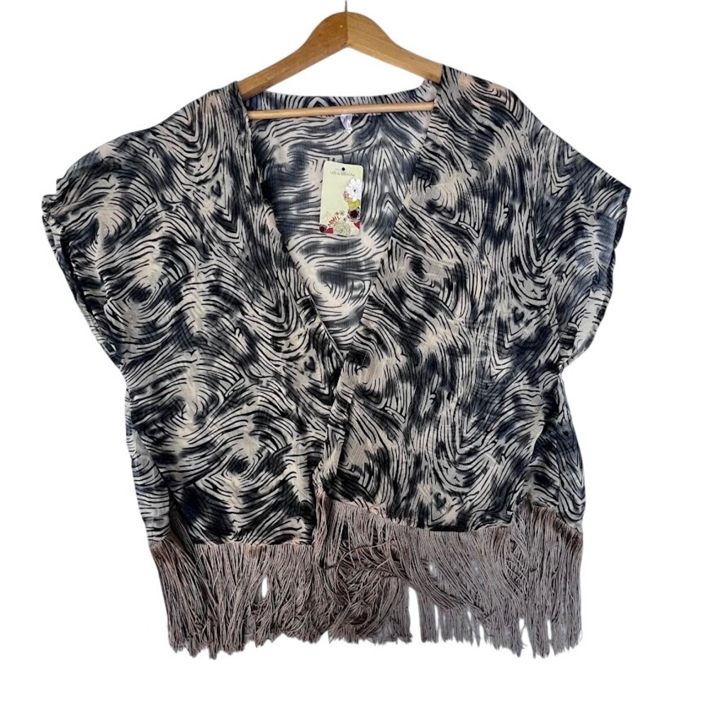 Boho Fringe Kimono Cardigan Abstract Print Festival OS Loose‎ Fit Open Front NWT